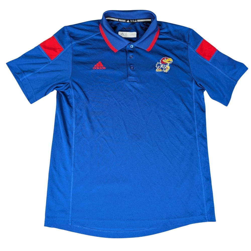 Adidas Polo Shirt Mens Medium Blue Kansas Jayhawks Climalite Embroidered Exc
